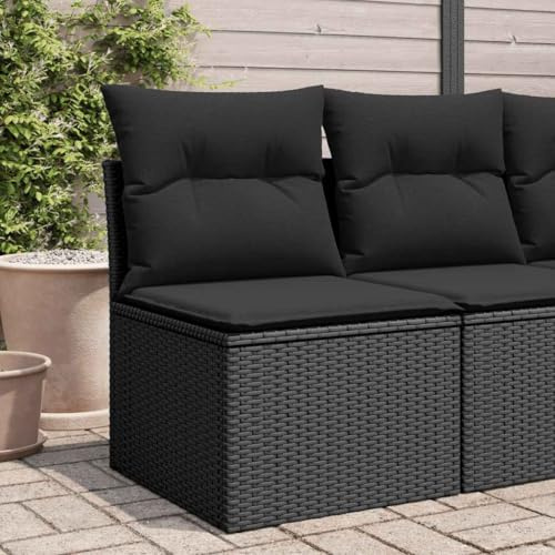 LoogCape Gartensofa Schwarz ohne Armlehnen, Polyrattan Loungesessel mit Kissen, Modulares Outdoor Patio Möbel für Balkon, Terrasse, Garten, UV-beständig