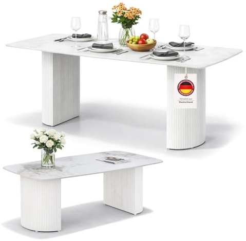 HOOZ Couchtisch & Esstisch Set – Keramikplatte in Travertin-Optik [Kratzfest & pflegeleicht] | Sofatisch 130×70 cm & Esstisch 180×90 cm | Säulenfuß Weiß