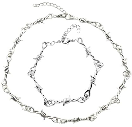 Barbed Wire Necklace,Gothic Bracelet,Grunge Jewellery Punk,Emo Thorns Necklace Bracelet Set,Silver Hiphop Rock Jewelry,Metal Alt Grunge Accessories for Men Women,Y2k Daily Versatile Fashion Goth