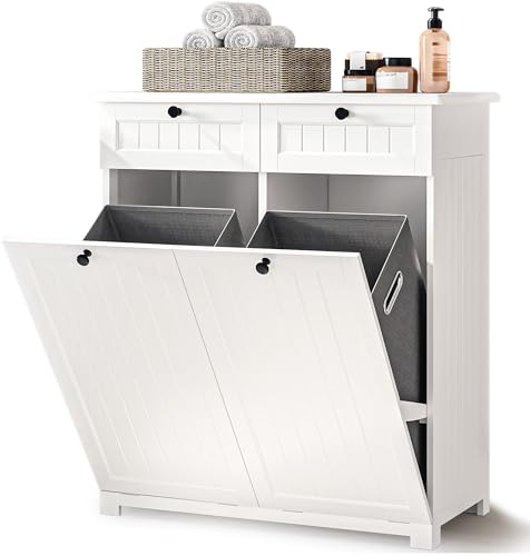 Xbro Badezimmerschrank mit Wäschekorb, 78x38x90 cm, Wäscheschrank mit 2 herausnehmbaren Wäschesäcken, Badschrank mit Schubladen, freistehend, Weiß