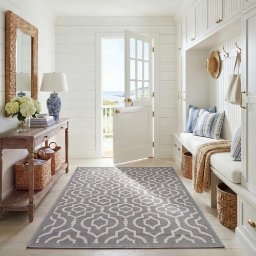 SAFAVIEH Washable Rug Outdoor Courtyard Collection - 5'3 x 7'7, Anthracite & Beige, Non-Shedding & Easy Cleaning, Ideal for Patio, Backyard, Mudroom (CY6926-246)