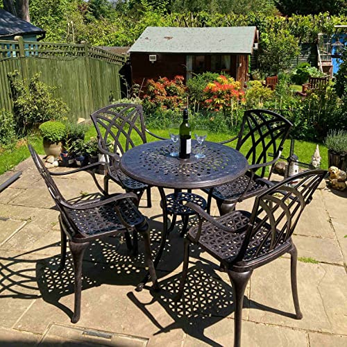 Lazy Susan 80 cm Runder Anna Gartentisch in Antik Bronze mit 4 April Stühlen, Keine Sitzkissen | Nachhaltiges Sandguss-Aluminium | Wetterfest | Rostfrei | Wartungsarm | 3 Jahre Garantie