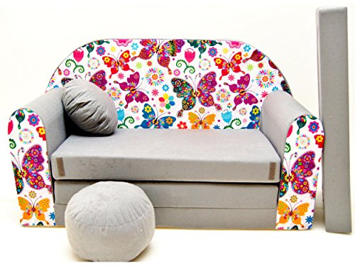 WELOX a33 KindersofaBettfunktion3in1-Kindersessel,Ausziehbett,Schmetterlinge, Eierschalenfarbe