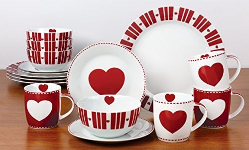 16 Piece Red Heart Porcelain Dinnerware Set