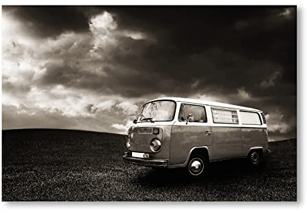 Postereck - 0528 - Oldtimer Bus, Schwarz Weiss Bulli Auto Urlaub - Fahrzeug Wandposter Fotoposter Bilder Wandbild Wandbilder - Poster - 3:2-91,0 cm x 61,0 cm