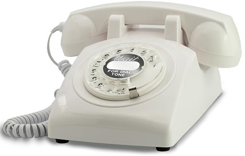 Opis 60s Cable mit US Post (USPS) Pappeinleger: Retro Telefon im sechziger Jahre Vintage Design mit Wählscheibe und Metallklingel (weiß)