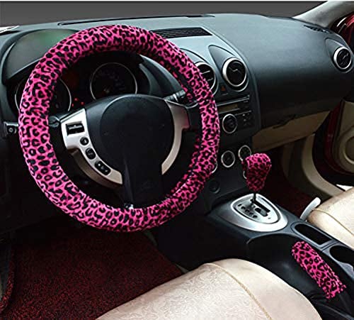 3 in 1 Soft Leopard Auto Lenkradbezug Handbremsgriff Schalthebelmanschette Abdeckungen 38 cm Kurzer Plüsch Warmer Winter für alle Autos Rot
