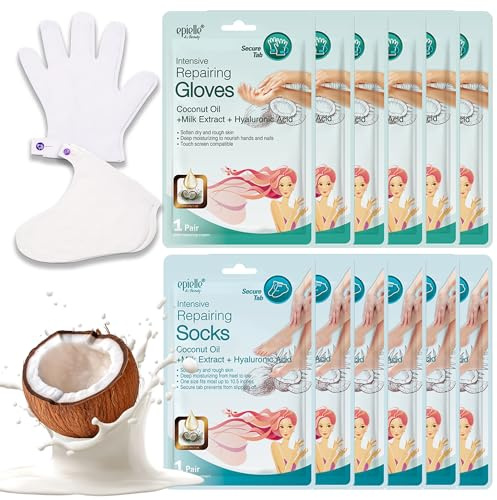 Epielle Intensive Repairing Hand & Foot Masks, Restore and Moisturize Dry, Cracked Skin, Self Care Gifts for Women, Spa Kit, Mothers Day Gifts, 6 Moisturizing Gloves & 6 Moisturizing Socks