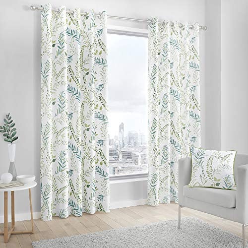 Fusion Fernworthy Leaf Print 100% Cotton Eyelet Lined Curtains, Green, 66 x 72 Inch, Polyester, W168cm (66) x D183cm (72)