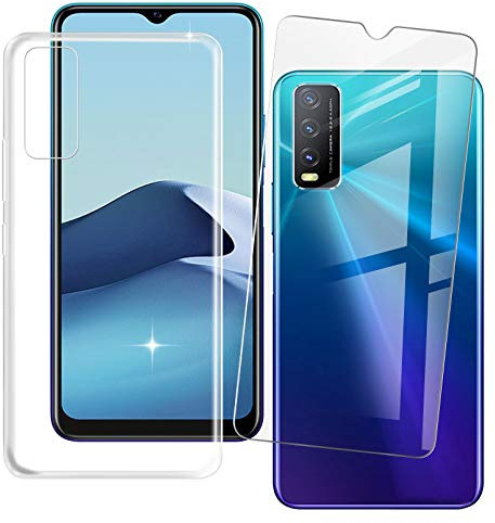 HHUAN Hülle + Gehärtetes Glas für Vivo Y20s (6.51 Zoll), HD Displayschutzfolie und Transparent Weiche Silikon TPU Bumper Stoßfest Schutzhülle Case Cover - Clear