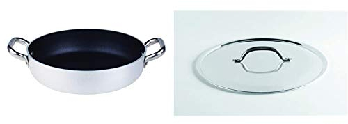 Pentole Agnelli ALSA110S32 Tegame con Maniglie, Alluminio antiaderente, Argento, 32 cm & PCMX02928 Coperchio con Ponticello in Acciaio, Alluminio Lucido, 28 cm