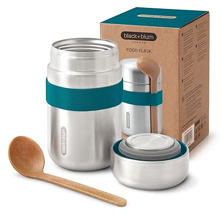 BLACK + BLUM Food Flask Thermobecher 400 ml | Ozean | Thermobehälter Essen hält 6h heiß & 8h kalt | Auslaufsicher & Vakuumisoliert | mit Löffel aus Holzfasern | Lunchbox Thermo aus Edelstahl