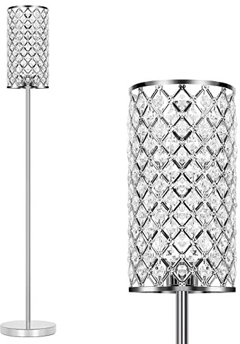 Crystal Floor Lamp, Modern Standing Lamp with Elegant Shade, LED Floor Lamp with On/Off Foot Switch, Silver Finish Tall Pole Lamp Accent Light for Living Room, Girl Bedroom, Dresser, Office (E26 Base)