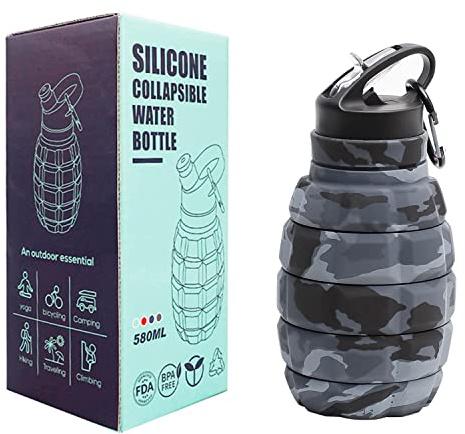 Personalisierbare Wasserflasche, Granate, 580 ml, faltbar, Sportgetränke, BPA-frei, auslaufsicher, Silikonflasche für Fitnessstudio, Fahrrad, Wandern, Outdoor, mit Haken, Camouflage-Grau