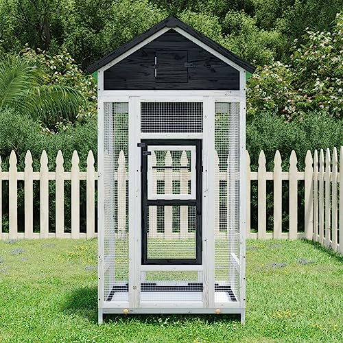 Homgoday Voliere Vogelvoliere Vogelkäfige Vogelvoliere Außen Aufzuchtkäfig Außenvoliere Vogelhaus Voliere mit Wasserfestes Dach Grau 91,5x53x170 cm Massivholz Kiefer