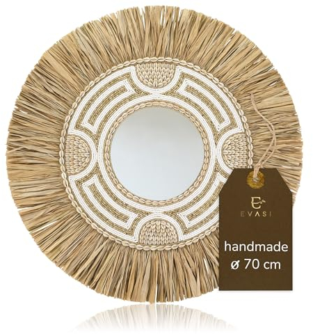 EVASI Wandspiegel Modell 70 cm Durchmesser Handmade/handgefertigter Spiegel mit Rahmen aus Seegras Muschel/dekorative Spiegel in stilvollem & zeitlosem Design/runder Spiegel für Ihr Zuhause