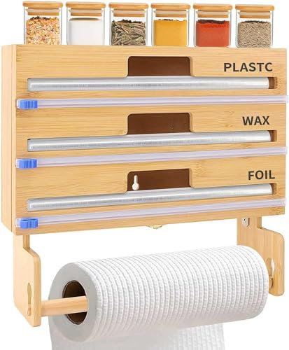 Upgrade Plastic Wrap Dispenser with Cutter, Foil and Plastic Wrap Organizer, Plastic Wrap, Aluminum Foil, Wax Paper Dispenser, Bamboo Roll Holder, Compatible with 12 Roll (Size : STYLE2(4 in 1))
