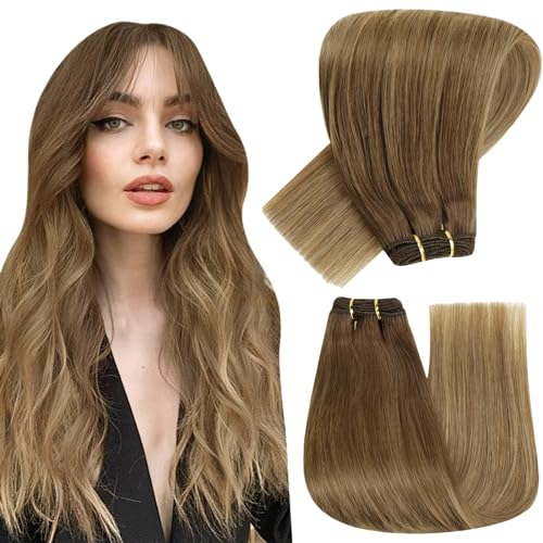 Hetto Tressen Extensions Echthaar 100g 50 cm Weft Extensions Echthaar Balayage Mittel Braun to Licht Braun Sew in Remy Gerade Invisible Doppelt-Tressen Weave Haarverlängerung #6/8/14