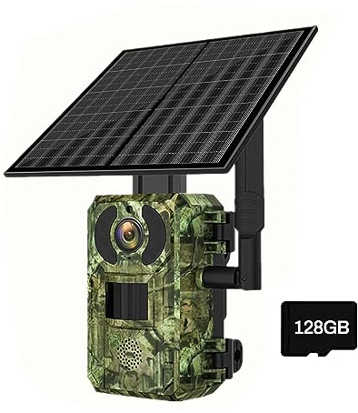 GOXAEEE Wildkamera Solar, 4MP Jagdkamera mit Bewegungsmelder Nachtsicht, Wasserdicht 4G SIM 0,2s Jagdkamera 140° Erfassungs Winkel Videobildschirm Infrarot Wildcamera (wildkamera+128G)