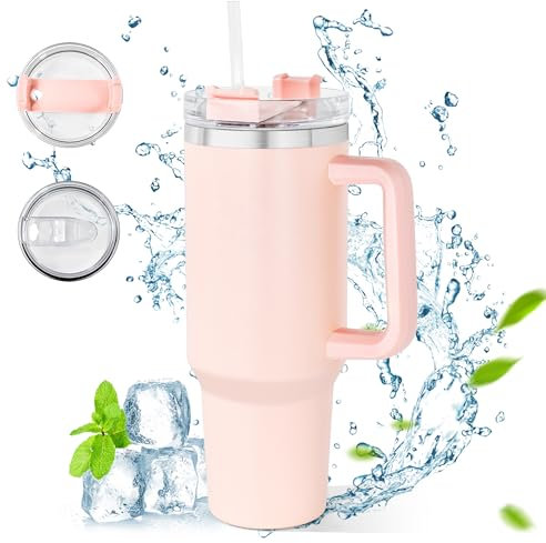 AGH life 1182ML 40OZ Mug Isotherme, Tasse à café à paroi double isolée sous vide acier couvercle, Thermos Café avec poignée et Paille Gobelet Isotherme Réutilisablestient (rose)