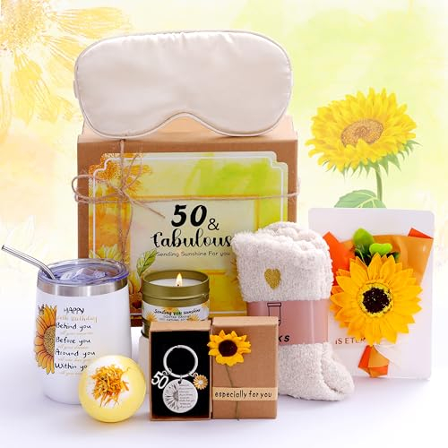 Sranich 50. Geburtstag Geschenkbox: Sonnenblume Tassen-Set mit 7 themenbezogenen Geschenken für Frauen, 50 Jahre alt, Wiederverwendbar, Edelstahl, Klassiker, Erwachsene