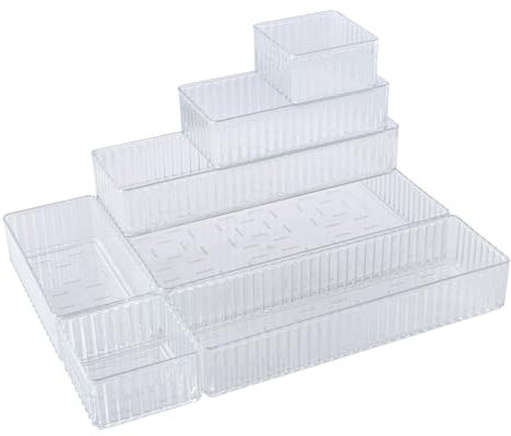 Volumoon 4-Size Versatile Drawer Organizer Trays - Clear Cosmetics Container Tray for Bathroom, Vanity, Make-up, Kitchen, Bedroom