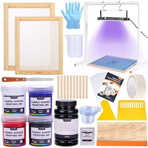 Caydo 46 Pieces Screen Printing Kit with 4 Color Fabric Ink, LED UV Exposure Lamp, 2 Size Screen Printing Frame and Squeegees for Screen Printing