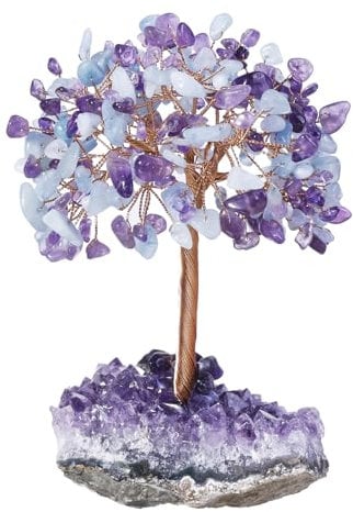 dssmboom Tumbled Amethyst/Aquamarine Stones Tree of Life on Amethyst Cluster Base for Reiki Healing, Copper Wire Wrapped Crystal Money Tree Feng Shui Bonsai Home Decor for Wealth