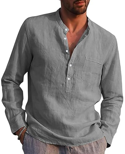 Rodawu Mens Linen Shirts Long Sleeve Casual Cotton Summer Beach Henley Shirt Tops Grey XL