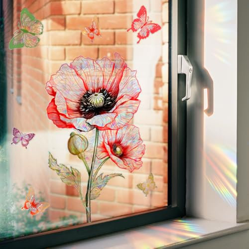 WandSticker4U®- Wiederverwendbare Fensterbilder Sommer selbstklebend MOHNBLUMEN rot (44x39 cm) I Fensteraufkleber Fenstersticker Blumen Wohnzimmer Schlafzimmer Bad Küche Fensterdekoration