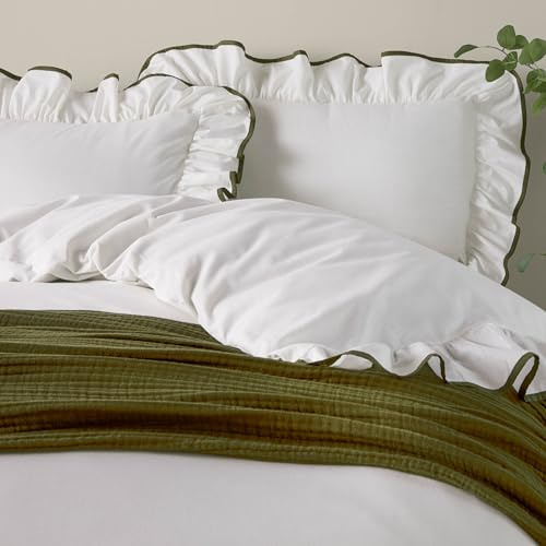 Wylder Nature Blousey Ruffled Cotton Pillowcase Pair - Olive