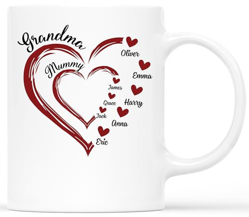 Personal Chic Custom Mug Name - Mum and Grandma in Heart Shape - Personalised Mothers Day Gifts, Mum Gifts, Grandma Gift, Mummy Tea Cup (2 Children)