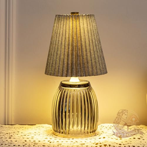 MJ PREMIER Cordless Lamps, Small Battery Operated Lamp Timer, Glass Battery Powered Lamps with Grey Pleated Lamp Shade Modern, Table Centerpiece for Living Room/Bedroom/Tabletop/Entryway (Grey)