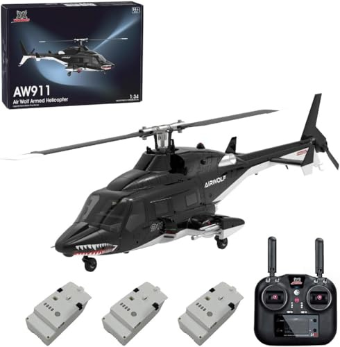 ToyGhillied Air-wolf RC Helicopter for Adults, WOLFBUSH AW-911 Aircraft with air freshener, 1/34 2.4G 9CH Flybarless with 6G/3D Stunt Mode, 3 Batteries, GPS Positioning (RTF Version)