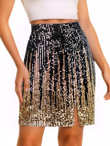 Paillettenrock, glitzernd, hohe Taille, dehnbar, figurbetont, Minirock, Party, Ausgehen, Clubwear für Damen, Schwarz Gold, Klein