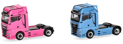 herpa Modellino set WOMAN & MAN eTGX GX trattori stradali 2 assi, azzurro e rosa, miniatura in scala 1:87, da collezione, Made in Germany, in plastica