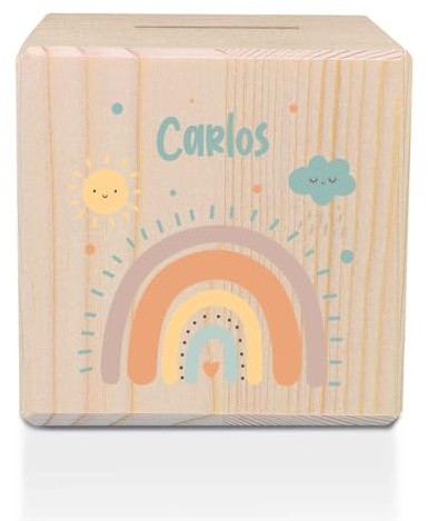 GRAVURZEILE Bedruckte Spardose aus Holz mit Metallschloss - Regenbogen Pastell Blau - Personalisiert mit Name - Geschenk zur Taufe, Kommunion oder Geburt - Sparschwein für Mädchen & Jungen