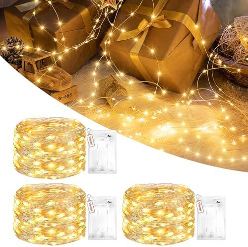 Peaser Battery Fairy Lights Indoor with Timer, 3M 30LED Twinkle String Lights with 2 Modes, Silver Wire Christmas Lighting Waterproof for Bedroom Wedding Party Decorations, Warm White-3 Pack