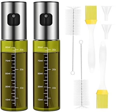 Sindiya Ölsprüher für Kochen100 ml, grüne UV-beständige Glasflasche, 100% BPA-freier Kochölspray, Küchenflasche für Heißluftfritteusen, Spray mit Skala，Ölspray2er-Pack