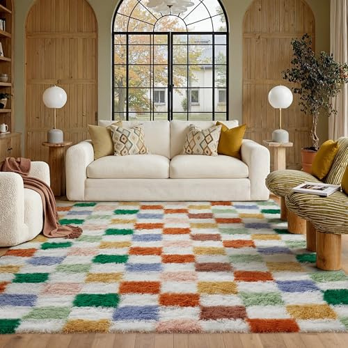 HUGEAR Kariert Flauschig Teppich Wohnzimmer 160x230cm Multicolore Weiß Shaggy Carpet