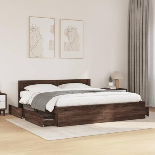 Refined Bettgestell Bett Bettrahmen mit Lattenrost Doppelbett Schlafzimmerbett mit Stauraum mit Kopfteil Braun Eichen-Optik 200x200 cm