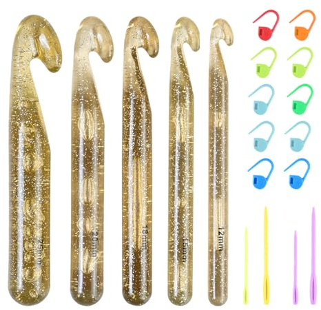 Uncinetto Set, 5 Pezzi Uncinetti Grandi 12/15/18/20/25 mm con Segnapunti e Aghi, Set Uncinetti Ergonomici per Filati Spessi, Ideale per Coperte, Sciarpe, Cappelli