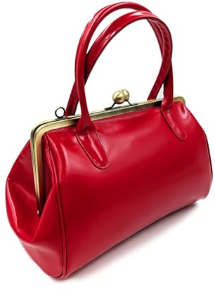 Taschenkinder Damen Leder Handtasche & Schultertasche – Vintage Bügeltasche im Retro-Stil, Henkeltasche mit Bügelverschluss – Modell Große Sophie (Rot)