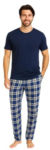 Gaffer Mens Pyjamas Set Trousers Woven Check Lounge Pants Half Sleeve T Shirts Top Blue - Navy L