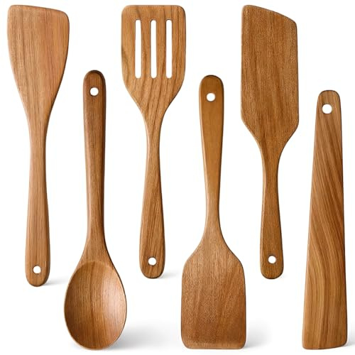 6 Pack Acacia Wood Spatula Set Non Toxic Kitchen Utensils for Cooking Spoon | Flat Wooden Wok Spatula Spurtle Kitchen Spoon Slotted Turner Scraper Bamboo Cooking Utensil Set Fish Egg Flipper Spatulas