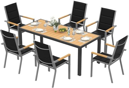 Devoko Set di Arredo da Giardino 6 Persone, Set di Tavolo 189 cm Design a Vena di Legno e 6 Sedie Impilabili da Esterno in Alluminio, Ideale per Cortile, Terrazza o Ai Margini della Piscina, Naturale