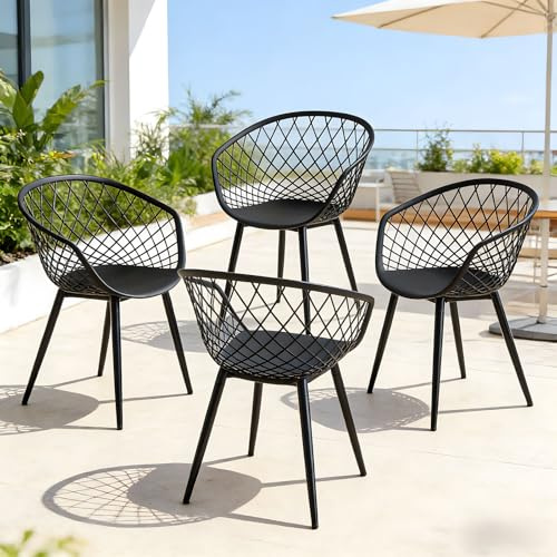 GOKHOMX Gartenstühle 4er Set – Outdoor Sessel Wetterfest, Schwarz Plastik Schalenstuhl mit Armlehne, Balkon Stühle für Terrasse, Esszimmer & Lounge Möbel
