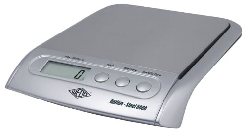Wedo 485154 Elektronische Universalwaage Optimo Steel 5000 (mit Wiegeteller, aus rostfreiem Edelstahl, 5000g/1g) silber