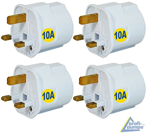 Reisestecker Universal Adapter SICHERHEITSSTECKER Steckdosenadapter UK, Reise Steckdosenadapter, GEERDET, MIT MESSINGSTÄBEN, Schuko Deutsch auf England-Stecker 10A 250V (Weiß, 4 Stück)