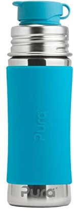 Pura Stainless Steel Kids Sport Bottle with Silicone Sport Flip Cap & Sleeve (Plastic Free, NonToxic Certified, BPA Free) Aqua